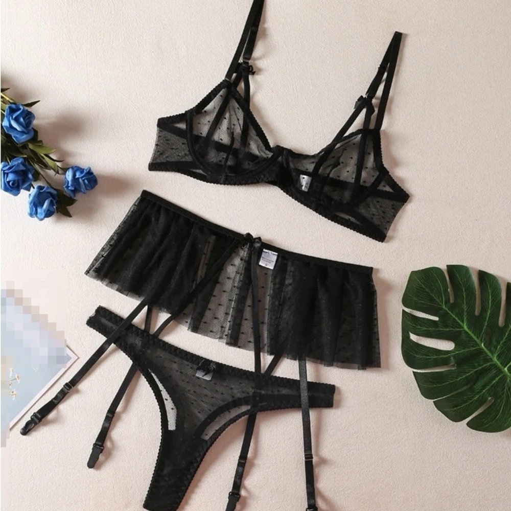 SALE Black Mesh Dotted Three Piece Lingerie Set